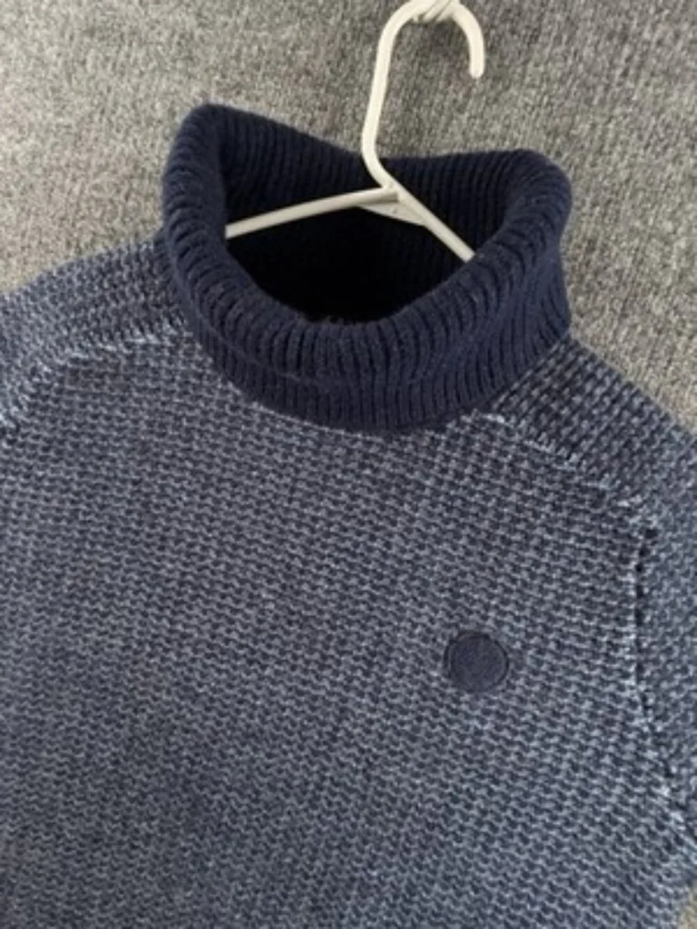 Fred Perry Thick Waffle Knit Turtleneck Sweater Large Logo Blue Wool Pullover